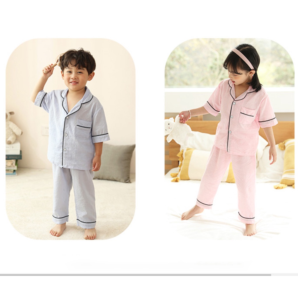 Bộ quần áo pijama cho bé gái Binbon kids, bộ đồ ngủ pizama mặc nhà cho bé gái trai chất Đũi nhăn dài tay từ 7-28kg