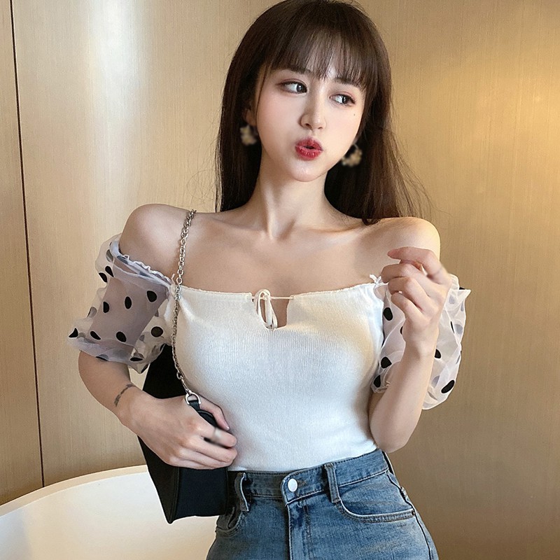 Women's Summer Square Collar Dot Mesh Bubble Sleeve Stitching Short Sleeve Blouse | BigBuy360 - bigbuy360.vn