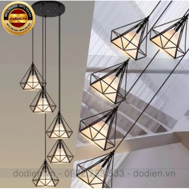 Đèn chùm thả 5 đèn thông tầng đèn kim cương cầu thang,phòng khách
