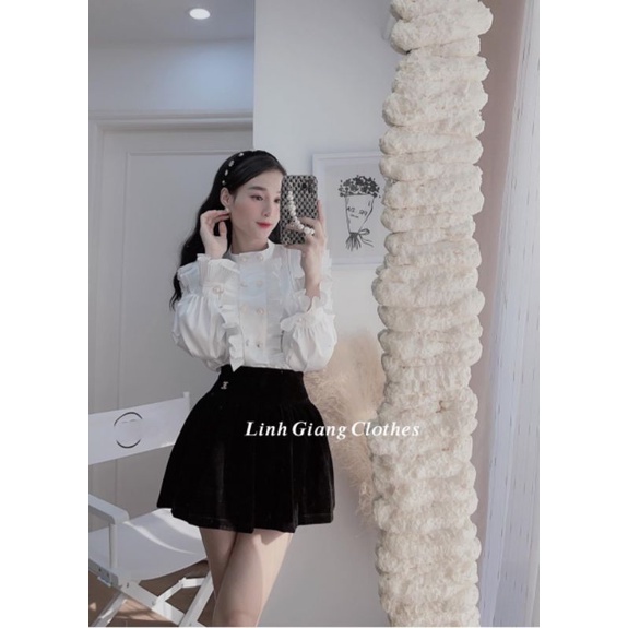 Chân váy công sở tặng áo sơ mi bèo, chân váy nhung đen xinh xắn.Set đồ nữ đẹp