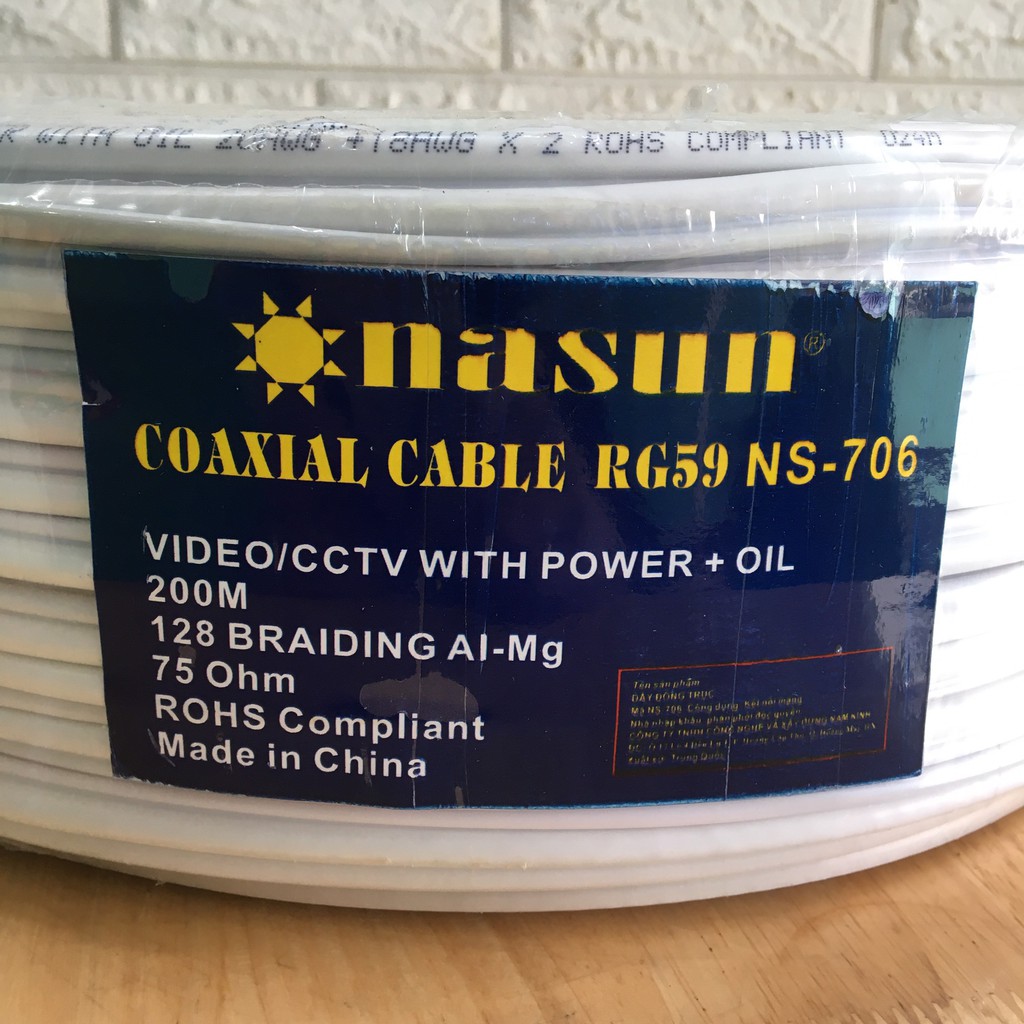 Cáp đồng trục LIỀN NGUỒN 2C + DẦU CHỐNG ẨM RG59 Nasun NS-706 (CHUẨN 200m/cuộn) hàng chính hãng