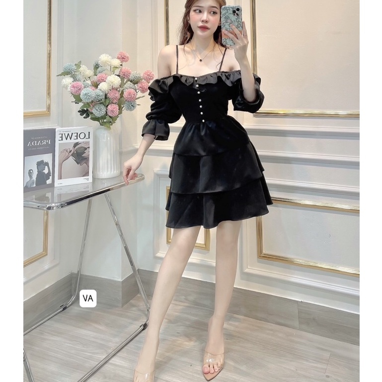 Váy Tơ Thiết Kế Bệt Vai Ba Tầng Một Màu Kiểu Dáng Hàn Quốc Cao Cấp | BigBuy360 - bigbuy360.vn