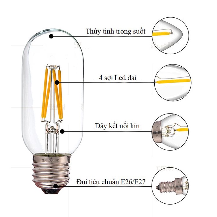Bóng Đèn Led Edison T45 4W Đui E27 Thiết Kế Sáng Tạo Cổ Kính, Bóng Trang Trí Sân Vườn Nhà Hàng HL Lighitng