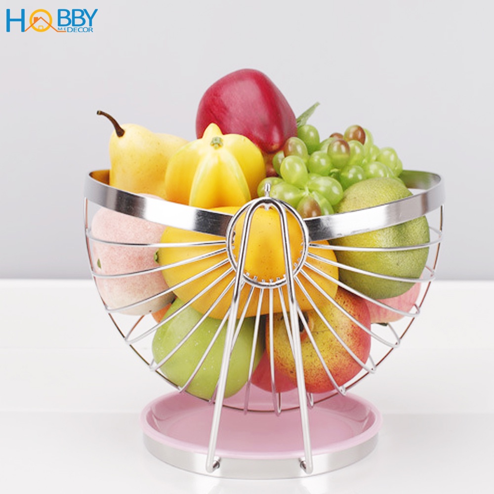 Rổ đựng trái cây decor bàn ăn Hobby Home Decor RTC chuẩn Inox 304 không rỉ sét kèm khay nhựa hứng nước có thể xoay được