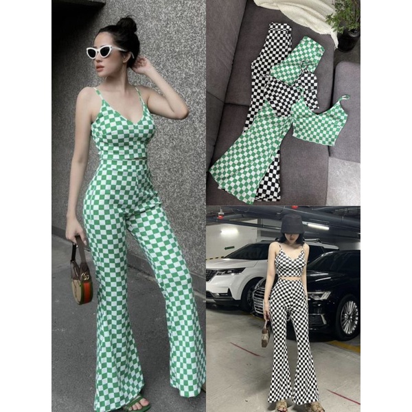 Set Kẻ Ô Caro Áo Croptop Hai Dây Và Quần Dài Ống Loe - Form Ôm Body - Thiết Kế Đơn Giản Nhưng Sang Chảnh