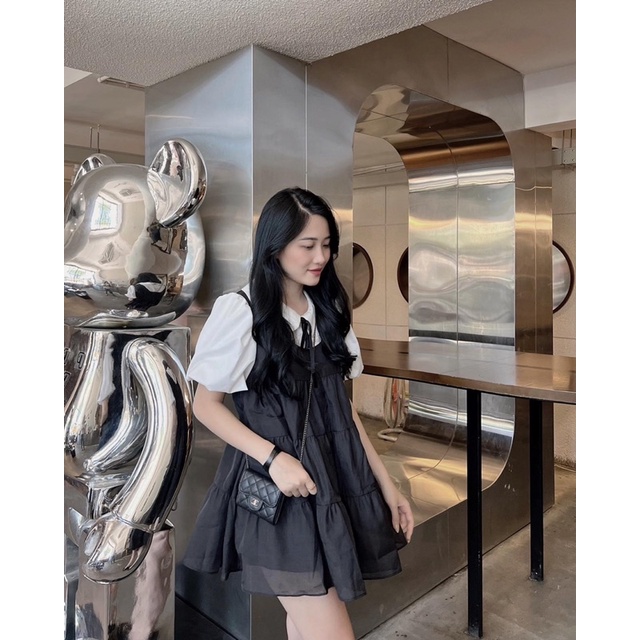 Set áo sơ mi mix yếm xoè dáng babydoll siêu xinh hàng thiết kế cao cấp