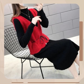 HL Fshion| [Hàng oder] Set váy len đen dài tay+ghile len cổ V đai eo