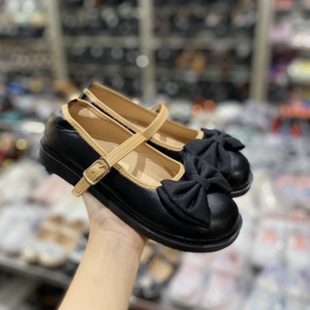 Giày búp bê nữ quai vắt da nơ đen