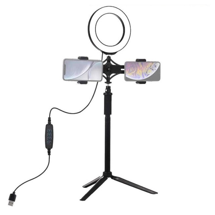Đèn led livestream để bàn mini tích hợp 2 giá đỡ điện thoại kiểu chữ T