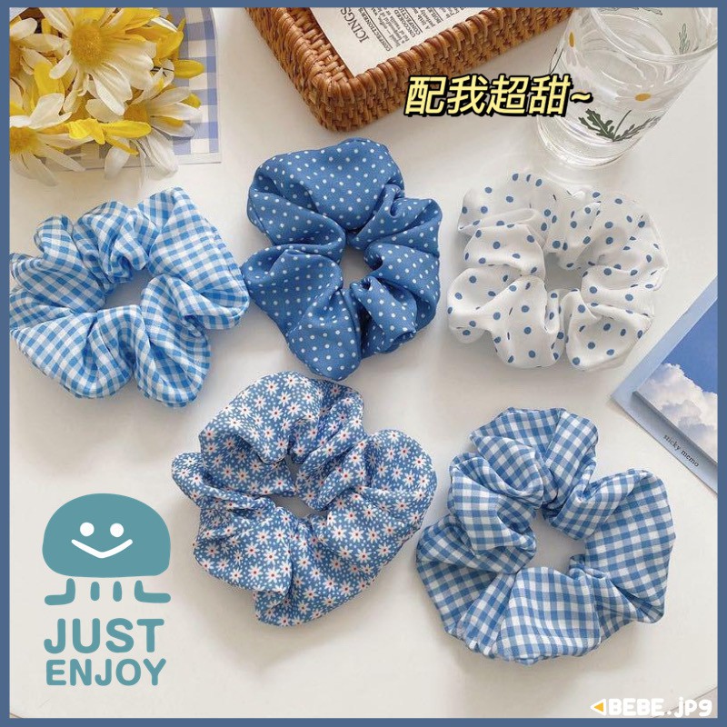 Dây buộc tóc hoạ tiết in phối màu xanh dương cỡ lớn kiểu Pháp dễ thương
