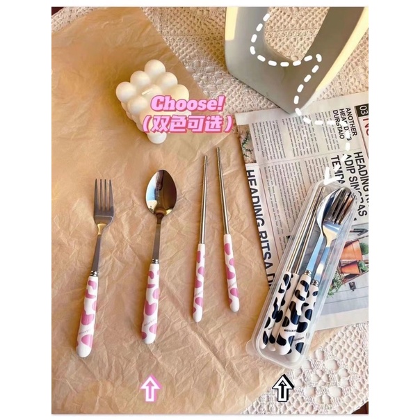 Bộ đũa thìa inox cá nhân hoạ tiết bò sữa dễ thương (kèm hộp đựng) - Set 3 thìa đũa muỗng văn phòng, dã ngoại, du lịch