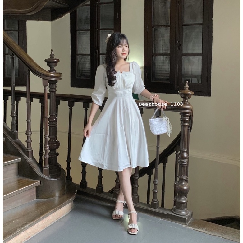🌷 ĐẦM - VÁY TRẮNG KỶ YẾU CỔ V TRƠN * CHERRY *