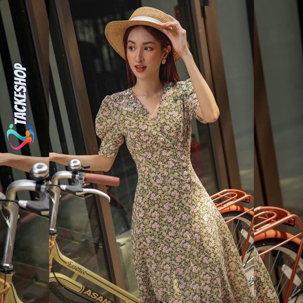 Váy đầm cổ V dáng A dài 4 khuy tà đắp xéo