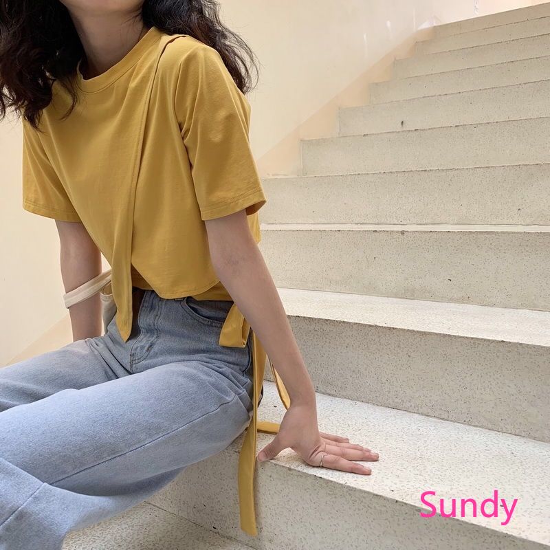 Áo thun thiết kế buộc dây lệch tà trẻ trung cho nữ