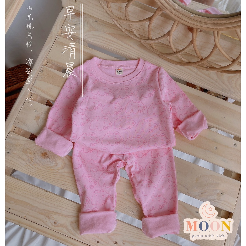 Bộ Ngủ Dài Tay Cho Bé Trai, Bé Gái Chất Cotton Zip Hàn In Tràn Hình Gấu Đáng Yêu