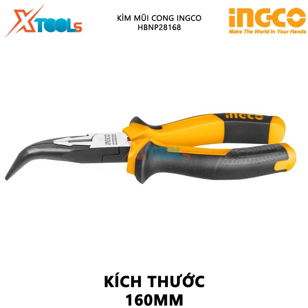 Kìm mũi nhọn mỏ cong INGCO HBNP28168 | Kìm tuốt dây điện Kích thước 6&quot;&quot;/ 160mm Đầu kềm được đánh bóng và chống gỉ dùng đ