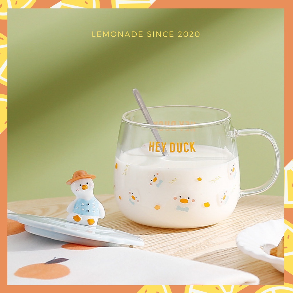 Cốc thủy tinh nắp sứ hình vịt nghiêng Hey Duck dễ thương kèm thìa