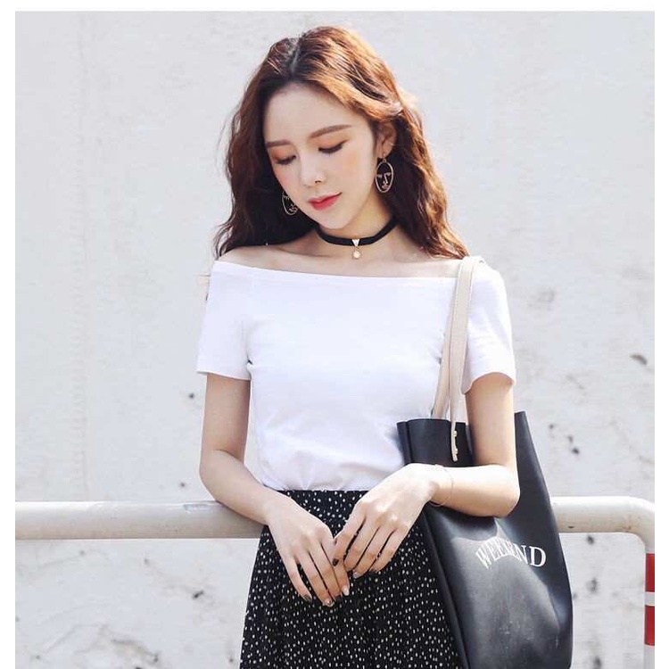 Áo Thun Cotton Trễ Vai Ngắn Tay Màu Trơn Phong Cách Hàn Quốc N250 [95