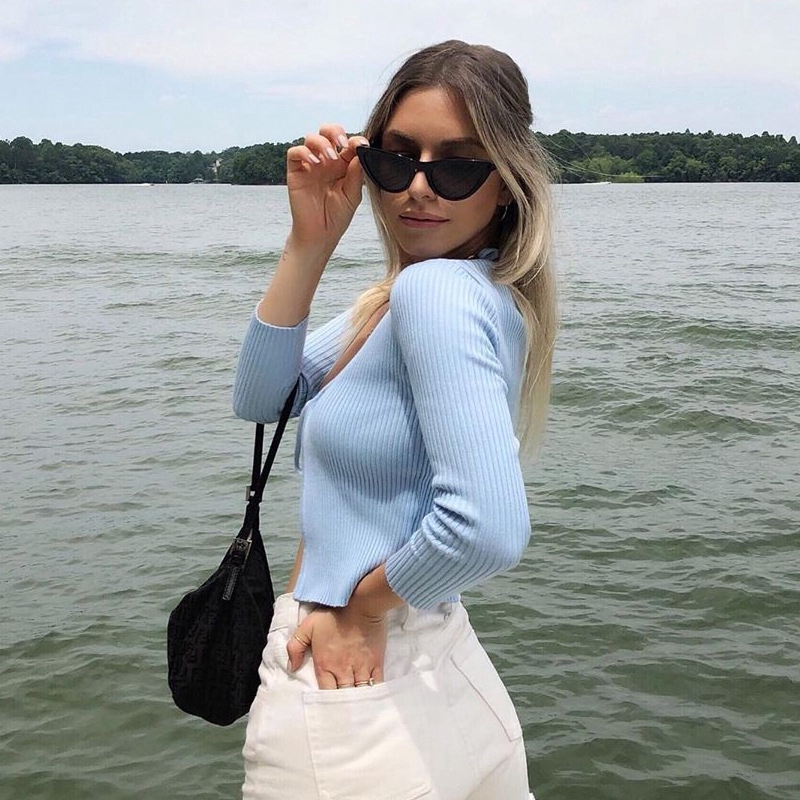 Sexy Women Slim Lace Knot Crop Tops V Neck Long Sleeve Street Tshirt | BigBuy360 - bigbuy360.vn