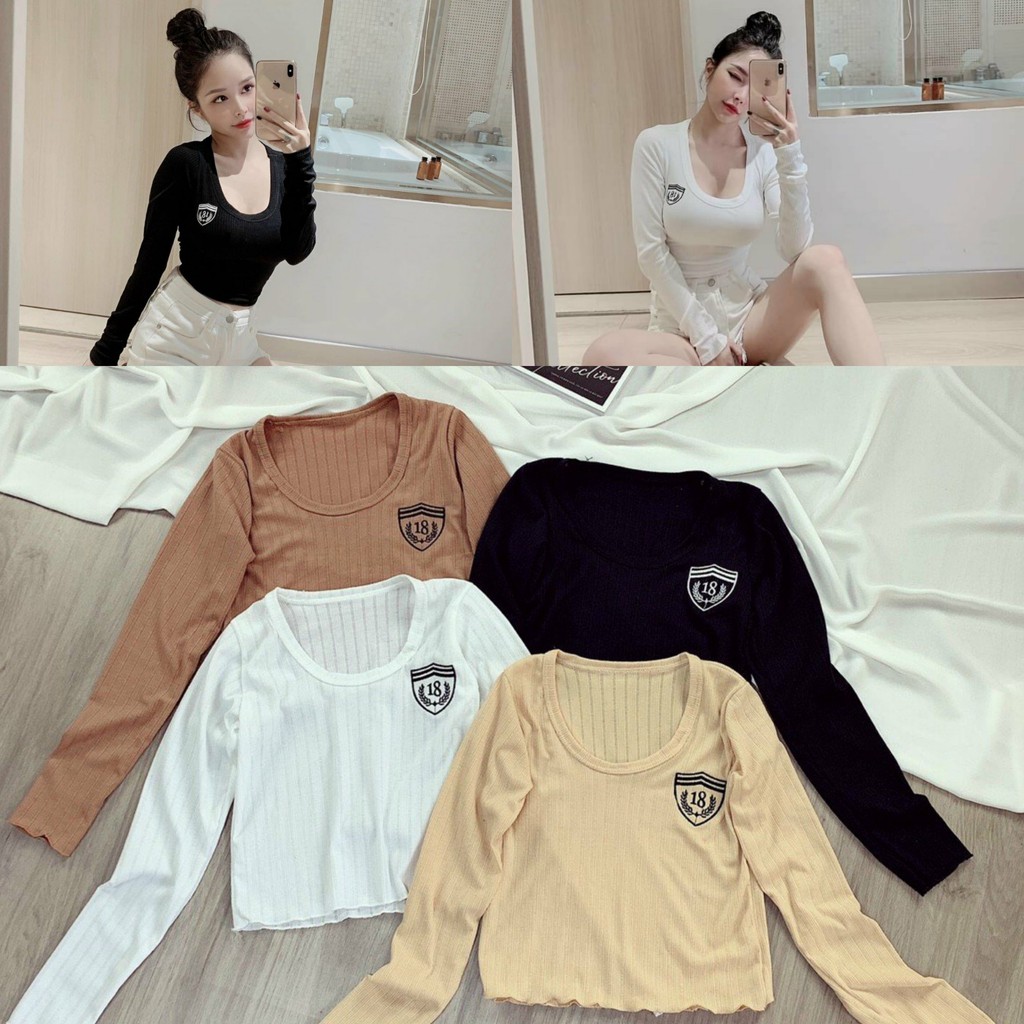 Áo croptop tay dài ôm nữ ACOD 18, thêu phù hiệu cá tính, áo kiểu dài tay thun gân xịn mịn, cổ tròn rộng trắng đen nâu