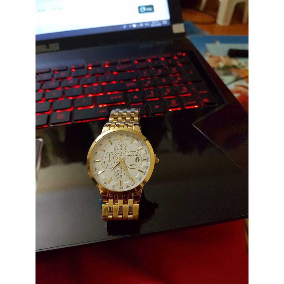 Đồng hồ nam Baishuns mặt Trắng dây kim loại xích mạ vàng cao cấp