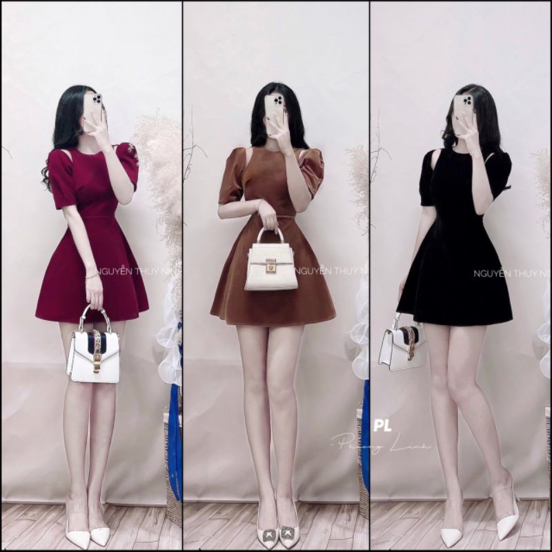 VÁY NHUNG KHOÉT VAI BỒNG 3 MÀU