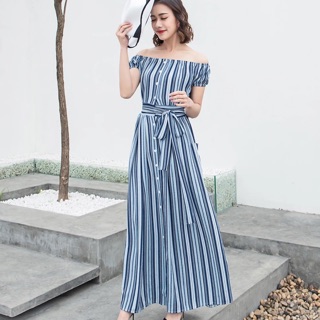 Váy maxi trễ vai kẻ sọc [ hàng order ]