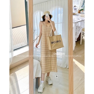 Đầm midi dây caro suông đen vàng