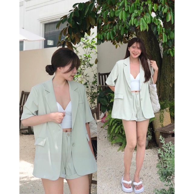 Set áo vest tay lỡ đệm vai xanh mint kèm quần short đồng màu the.sweaterweather TSW (ảnh thật)