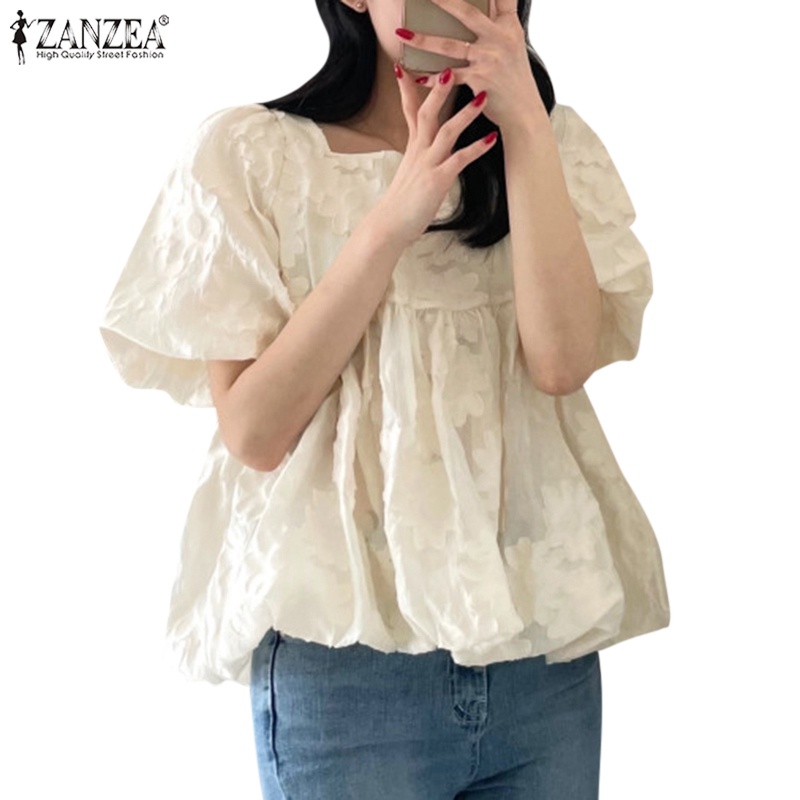 Áo ZANZEA tay phồng cổ vuông phong cách Hàn Quốc dành cho nữ