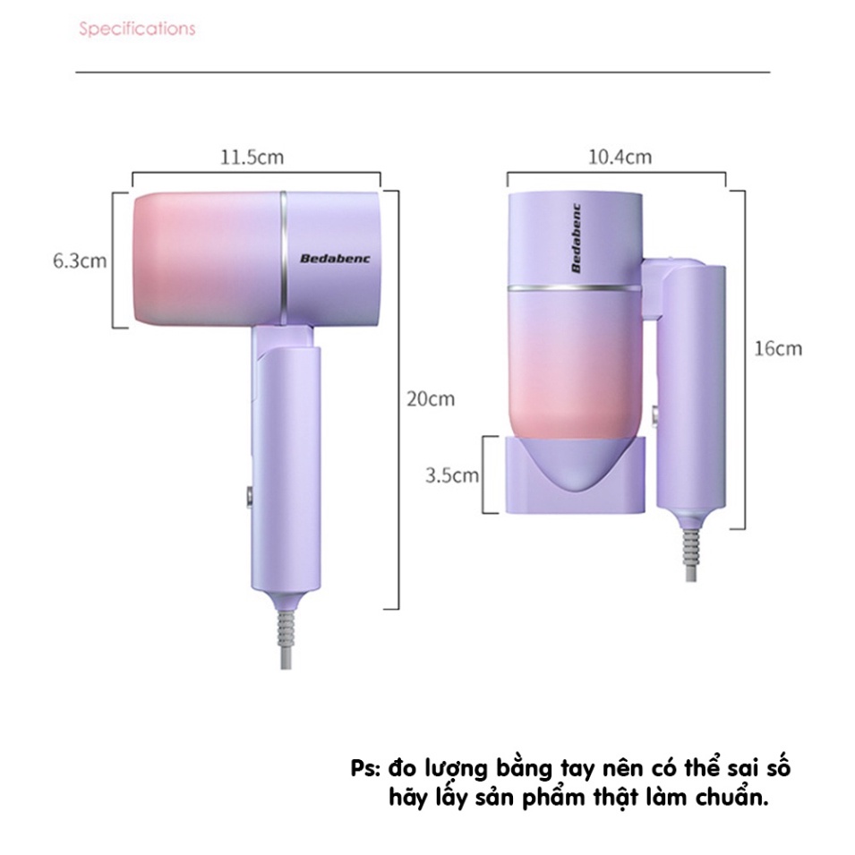 Máy sấy tóc mini Bedabenc tạo kiểu tóc chuyên nghiệp có ánh sáng xanh dưỡng tóc mượt tay cầm gấp gọn Pink Wish