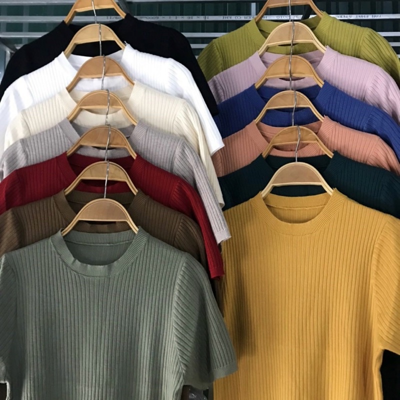 Áo len tăm cổ tròn tay cộc Áo thun tăm gân cao cấp 15 màu