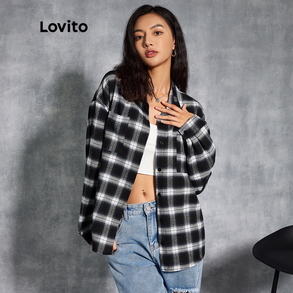 Lovito Áo Sơ Mi Caro Tay Dài L20D1077 (Đen Và Trắng)