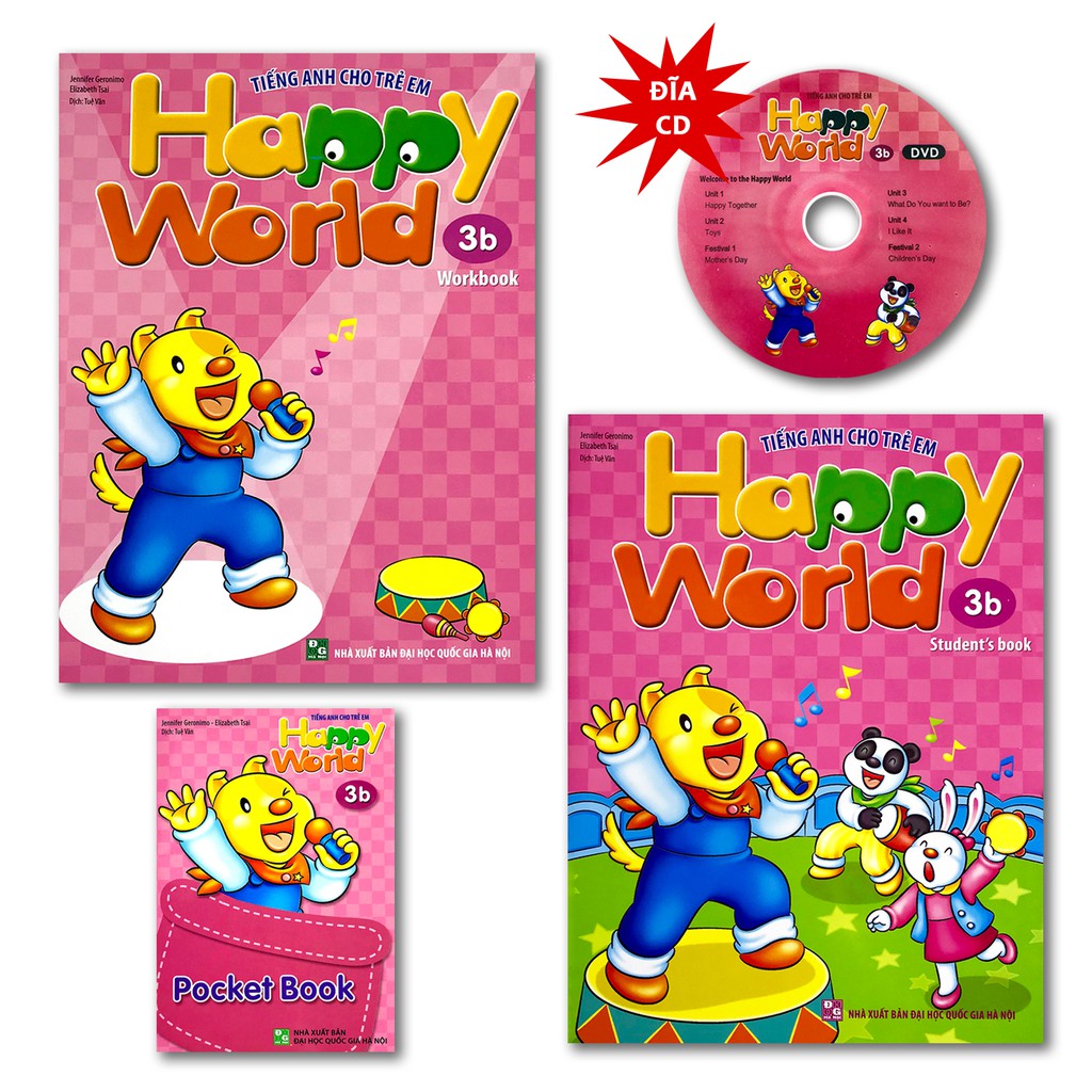 Sách - Tiếng Anh Cho Trẻ Em - Happy World - 3b (Bộ 2 quyển, 1 sổ tay, 1 đĩa DVD)