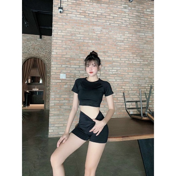 Set bộ đồ tập gym nữ, Đồ tập yoga aerobic thể thao gồm áo croptop quần đùi tập gym