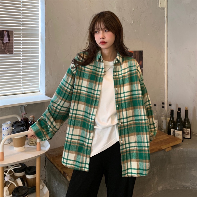 【ZHELIHANGFEI】Áo Sơ Mi Tay Dài Form Rộng Họa Tiết Kẻ Sọc Theo Phong Cách Retro Dễ