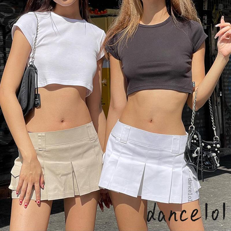 Chân Váy Ngắn Lưng Thấp Màu Trơn Phong Cách Retro Cho Nữ dance1o1