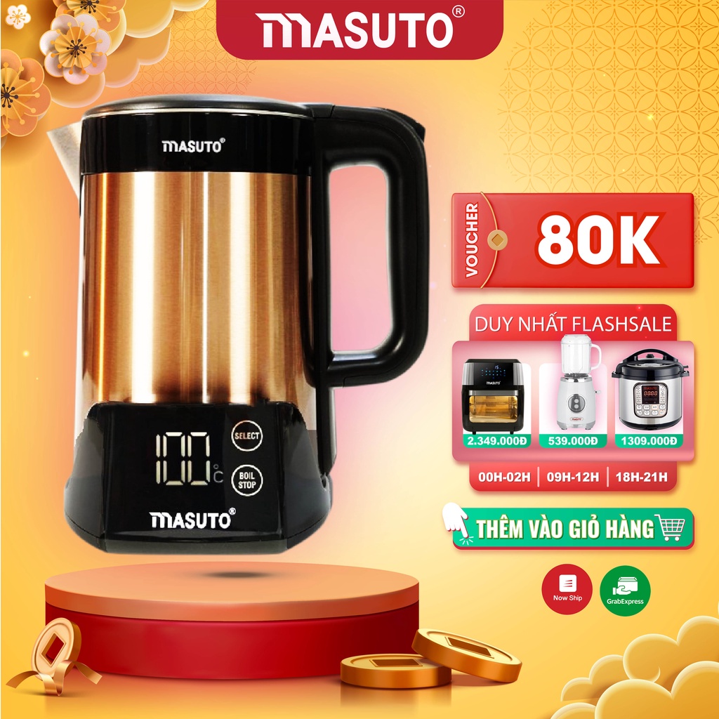 Ấm siêu tốc Masuto 1,5L 2 lớp chống bỏng giữ nhiệt 6 tiếng tự động pha sữa cafe siêu ngon VOUCHER 50K