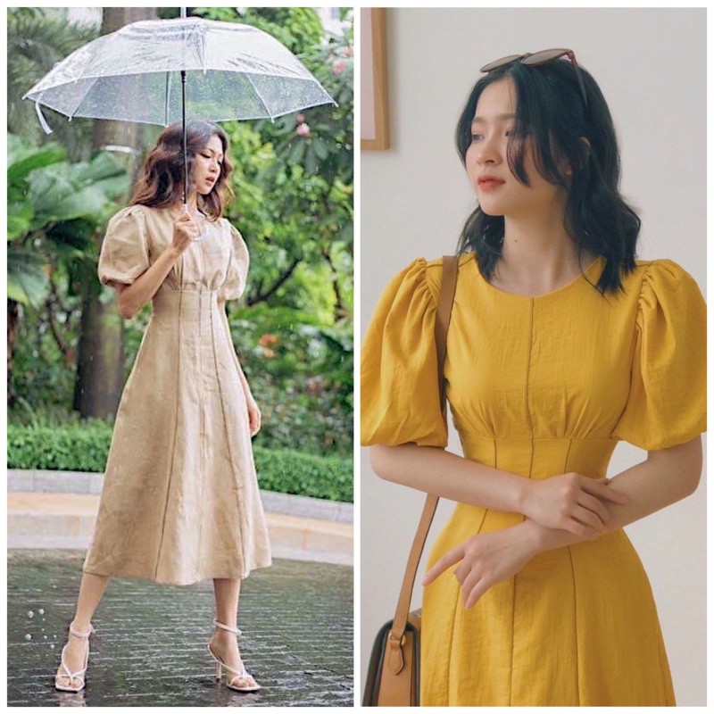 Đầm váy freesize cổ tròn viền sọc nâu 2 màu