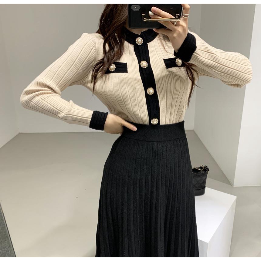 Bộ áo cardigan + chân váy dệt kim dáng mỏng phối màu sắc tương phản phong cách Hàn Quốc thời trang thanh lịch cho nữ