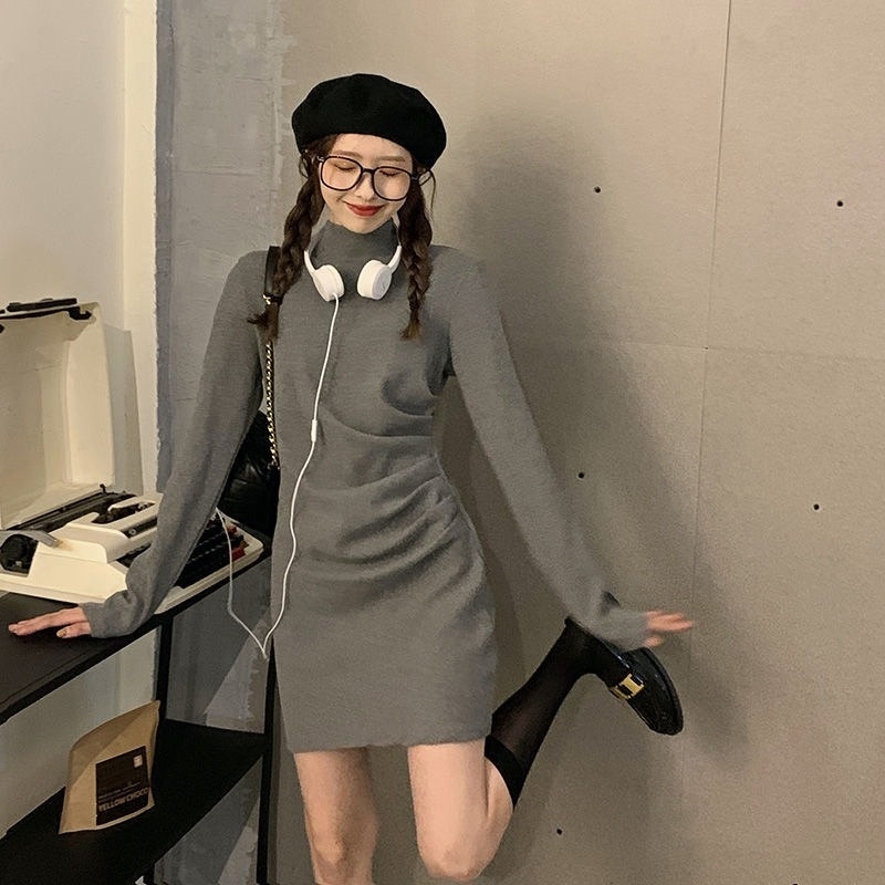 Đầm dệt kim Perty cổ cao dáng ôm thời trang mùa thu phong cách Hàn Quốc cho nữ