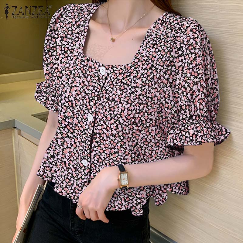 Áo Zanzea tay phồng cổ vuông in hoa phong cách sành điệu cho nữ