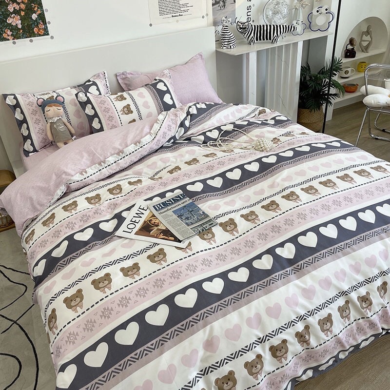 set chăn ga poly nhập khẩu chăn trần bông - mẫu tim kẻ hồng