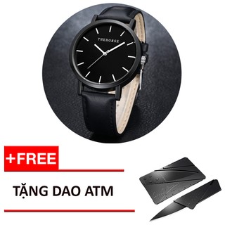 Đồng hồ dây da & mặt đen - tặng dao atm