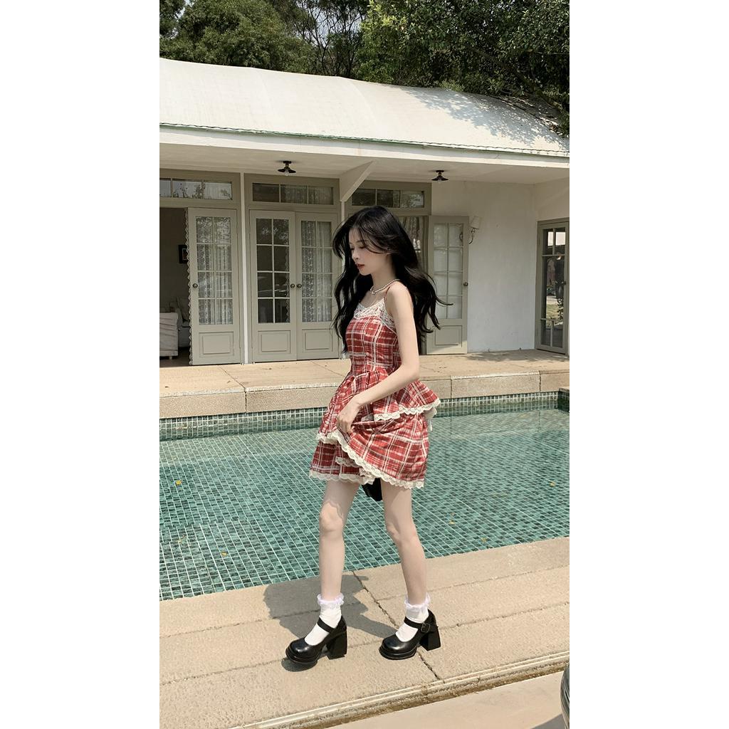 Đầm Hai Dây Phối Ren Họa Tiết Sọc Caro Ngọt Ngào Thời Trang Mùa Hè Cho Nữ