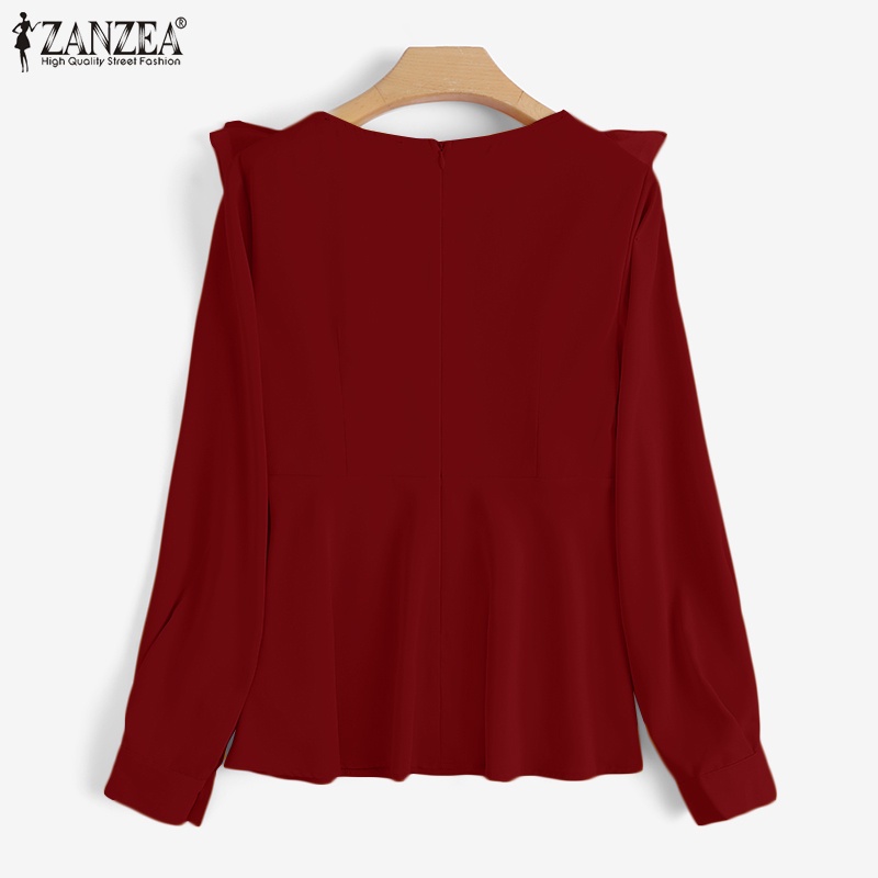 Áo ZANZEA cổ vuông màu trơn phối bèo thời trang Châu Âu cho phái nữ
