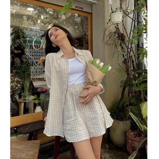 TheBlueTshirt - Áo Sơ Mi Phom Rộng Nữ Vải Lanh Vàng Sọc Trắng - Oversized Pocket Linen Shirt - Earth Pattern