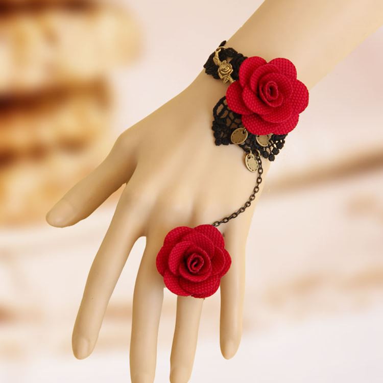 Vòng tay choker nữ chất liệu vải ren hoa hồng liền nhẫn sang chảnh