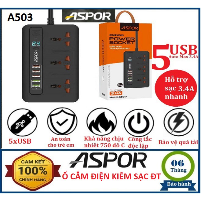 Ổ cắm điện, Ổ cắm điện thông minh chính hãng ASPOR A503 - tự điều áp với 5 cổng USB Sạc nhanh 3.4A