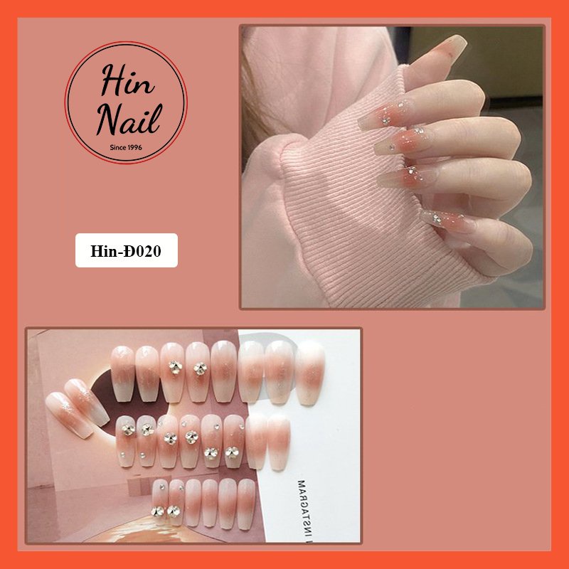 Móng tay giả đính đá Hin Nail form dài màu hồng ,trắng hottrend